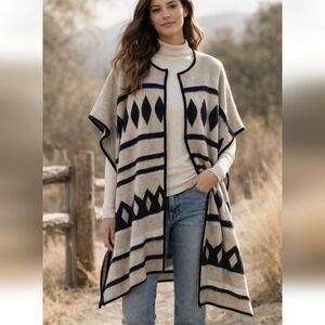 Lucky Brand Beige Southwestern Ruana Poncho Cozy Blanket Duster Cardigan Size OS